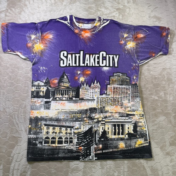 VTG Salt Lake City AOP Single Stitch Shirt Sz XL WORN HOLES USA Made Look